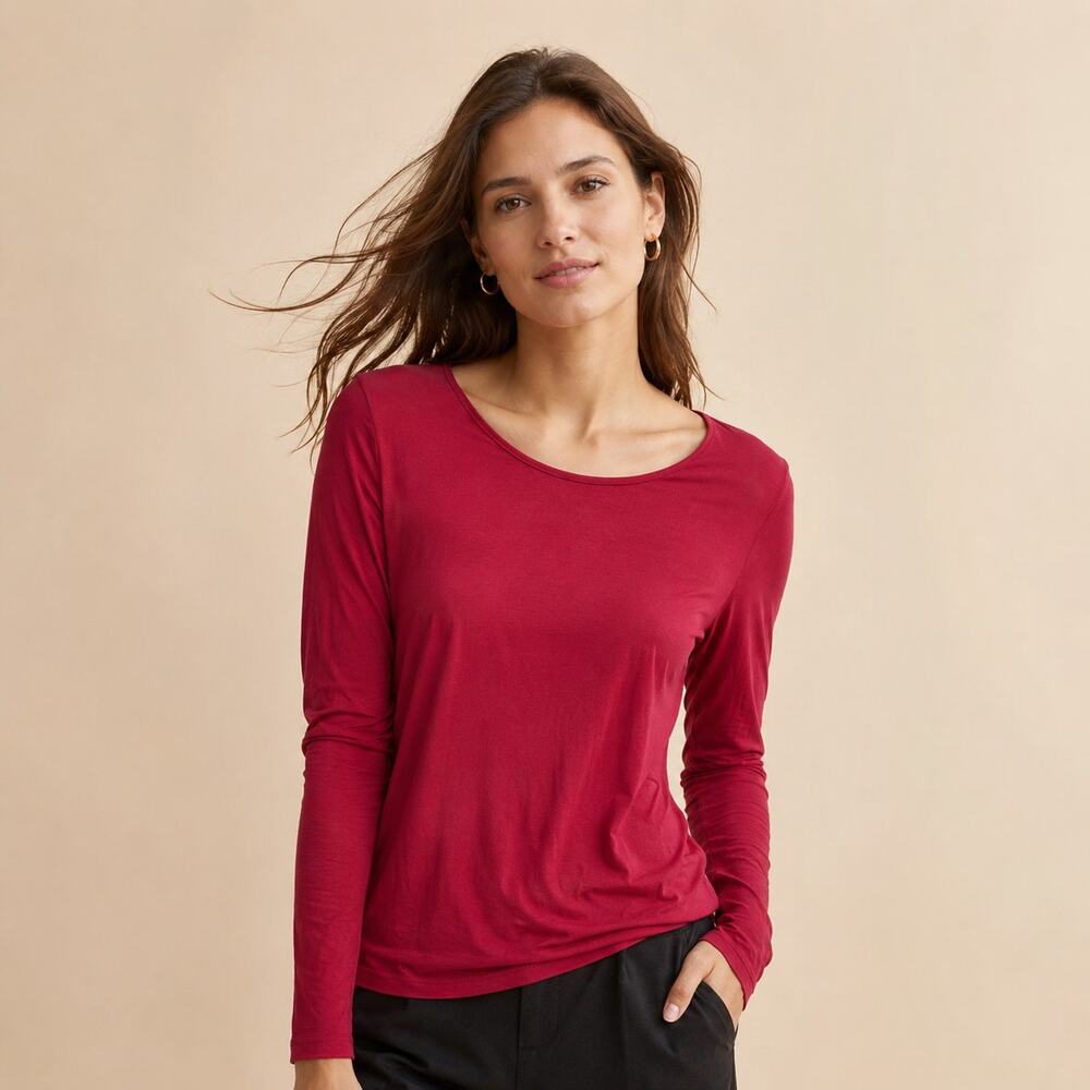 Eileen Fisher Long Sleeve Top Womens M Red Stretch Jersey Minimalist Casual Tee